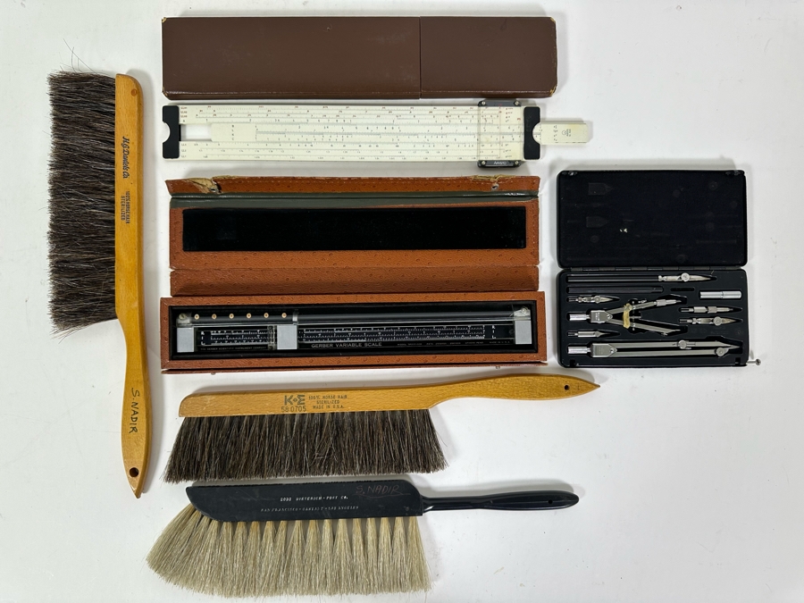 Engineer's Lot Includes: GERBER Variable Scale Slide Rule Model TP007100B, Aristo Slide Rule Model Nr. 968, Wild Heerbrugg Engineers Precision Drafting Set RZ20 Plus Three Draftsman Dusting Brushes [Photo 2]