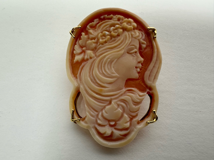 Vintage 14K Gold Carved Shell Cameo Signed Brooch Pin Pendant Italy 5.5g [Photo 8]