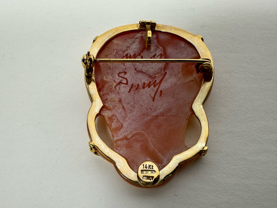 Vintage 14K Gold Carved Shell Cameo Signed Brooch Pin Pendant Italy 5.5g [Photo 9]
