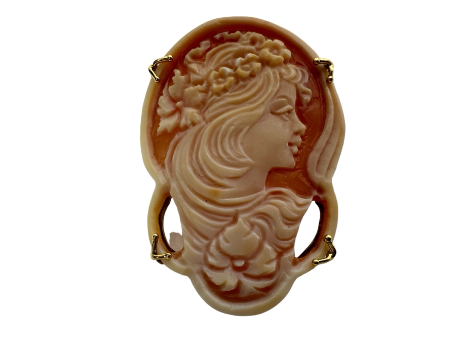 Vintage 14K Gold Carved Shell Cameo Signed Brooch Pin Pendant Italy 5.5g [Photo 2]