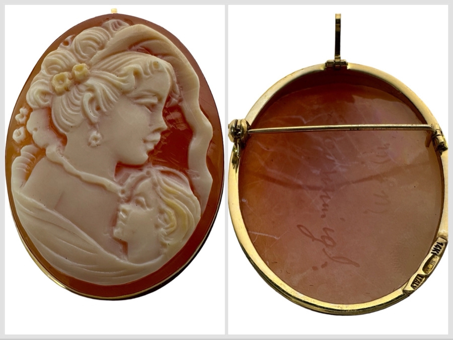 Vintage 14K Gold Carved Shell Cameo Signed Brooch Pin Pendant Italy 7.9g [Photo 1]