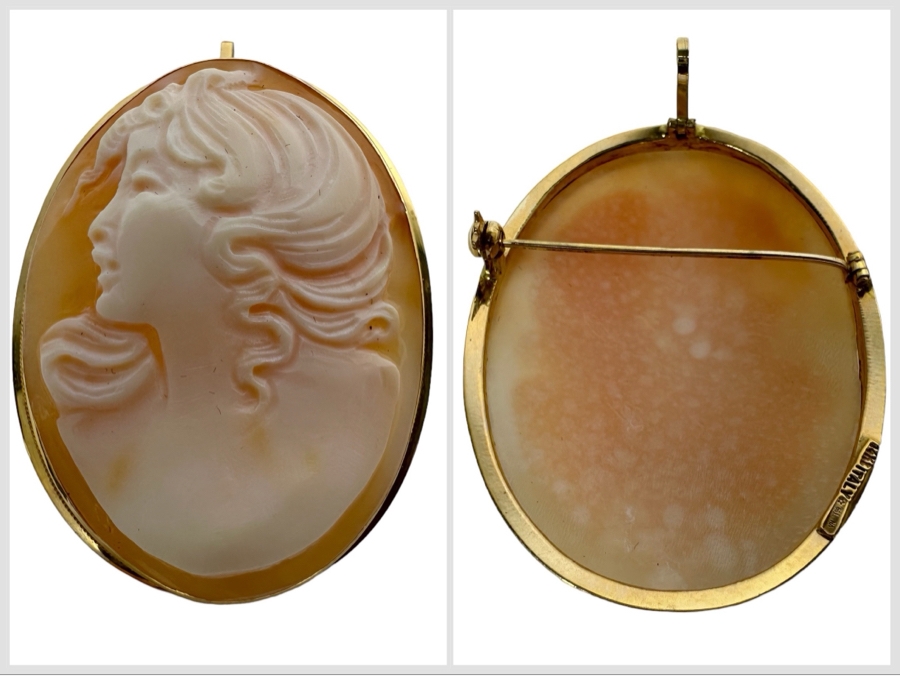 Vintage 14K Gold Carved Shell Cameo Signed Brooch Pin Pendant Italy 5.7g