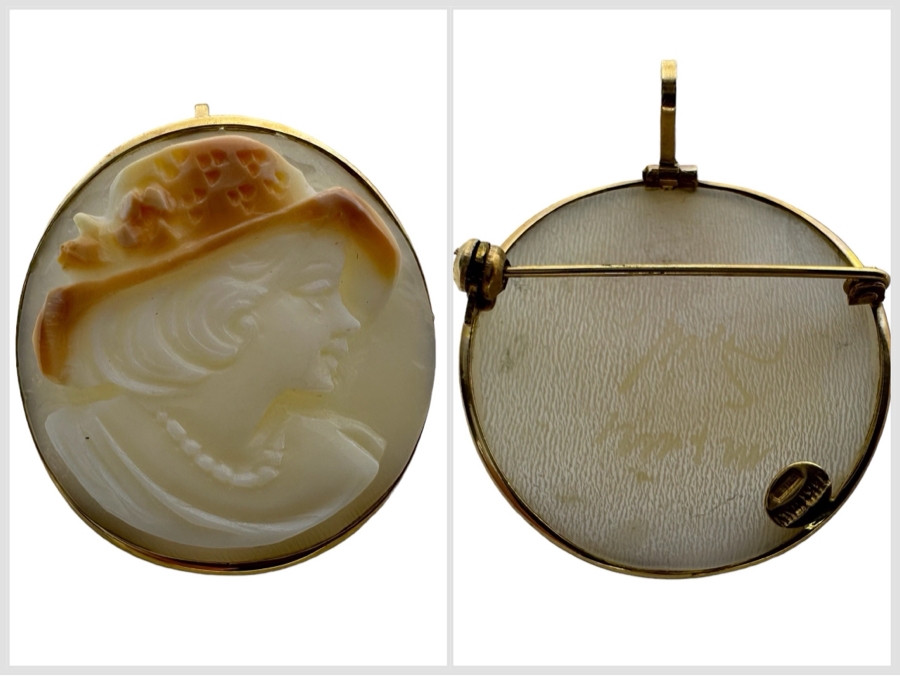 Vintage 14K Gold Carved Shell Cameo Signed Brooch Pin Pendant Italy 3.3g