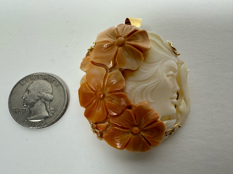 Stunning Vintage 14K Gold Carved Shell Cameo Brooch Pin Pendant Italy 20.7g [Photo 12]