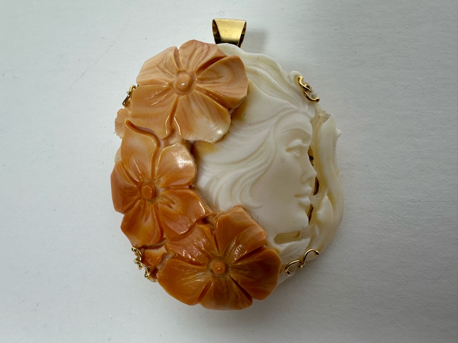 Stunning Vintage 14K Gold Carved Shell Cameo Brooch Pin Pendant Italy 20.7g [Photo 4]
