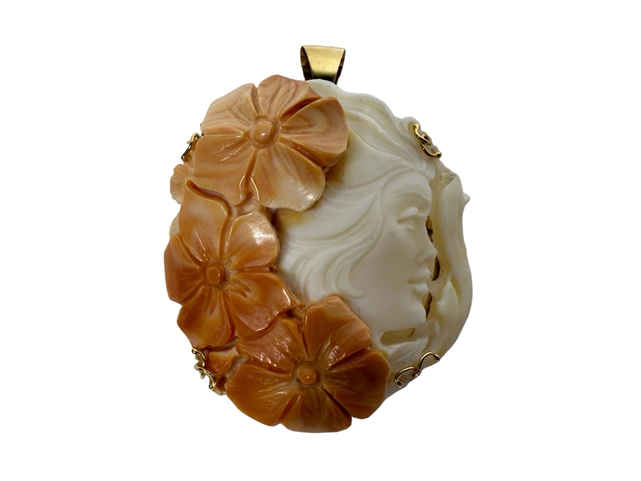 Stunning Vintage 14K Gold Carved Shell Cameo Brooch Pin Pendant Italy 20.7g [Photo 2]