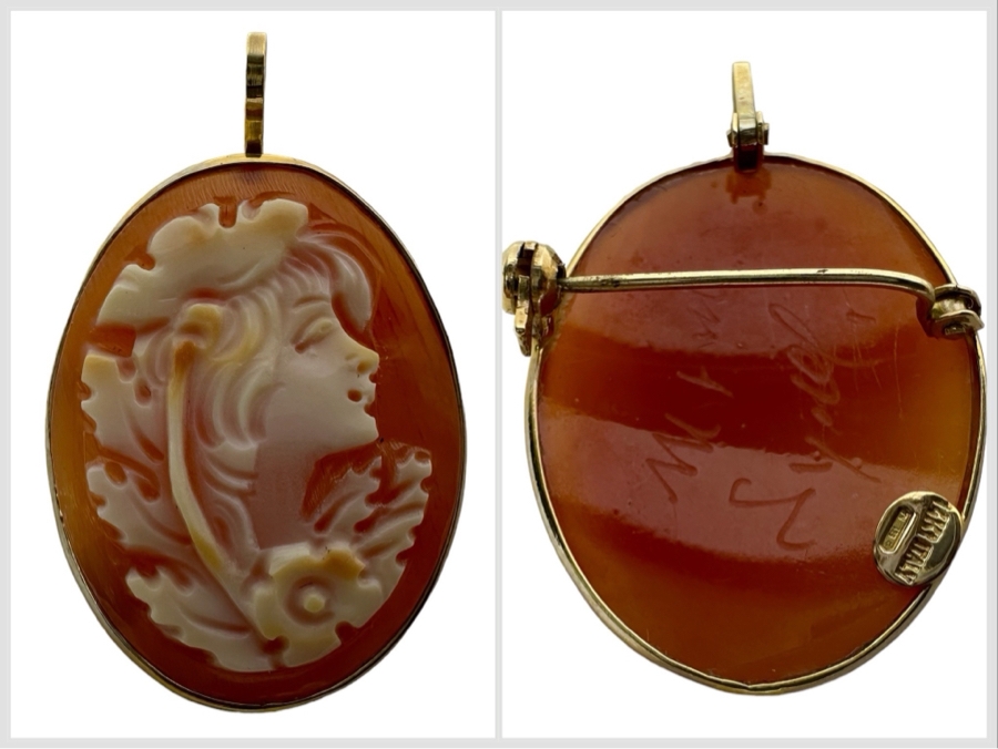 Vintage 14K Gold Carved Shell Cameo Signed Brooch Pin Pendant Italy 2.9g [Photo 1]
