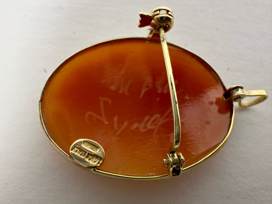 Vintage 14K Gold Carved Shell Cameo Signed Brooch Pin Pendant Italy 2.9g [Photo 9]