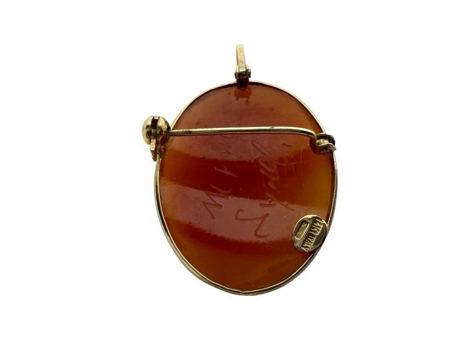 Vintage 14K Gold Carved Shell Cameo Signed Brooch Pin Pendant Italy 2.9g [Photo 3]