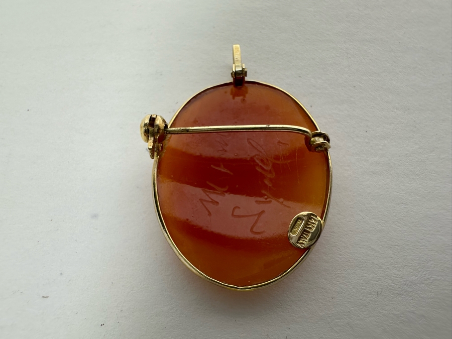 Vintage 14K Gold Carved Shell Cameo Signed Brooch Pin Pendant Italy 2.9g [Photo 6]