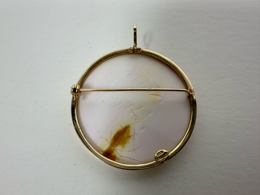 Vintage 14K Gold Carved Shell Cameo Signed Brooch Pin Pendant Italy 9.4g [Photo 7]