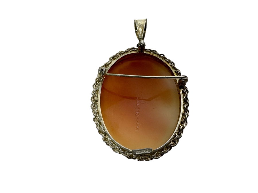 Vintage Sterling Silver Carved Shell Cameo Signed Brooch Pin Pendant Italy 14.2g [Photo 3]