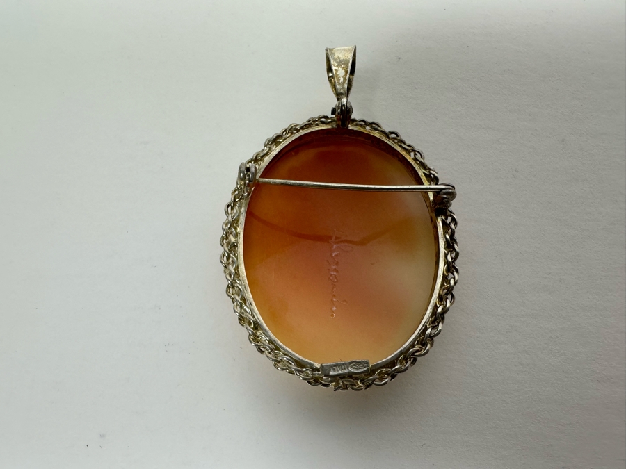 Vintage Sterling Silver Carved Shell Cameo Signed Brooch Pin Pendant Italy 14.2g [Photo 7]