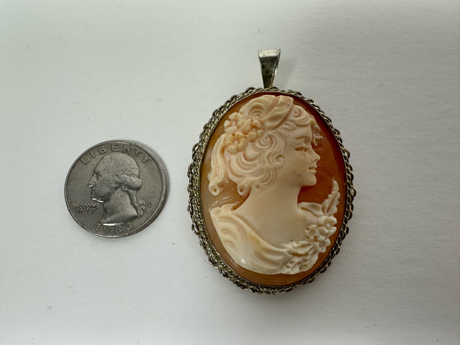 Vintage Sterling Silver Carved Shell Cameo Signed Brooch Pin Pendant Italy 14.2g [Photo 10]
