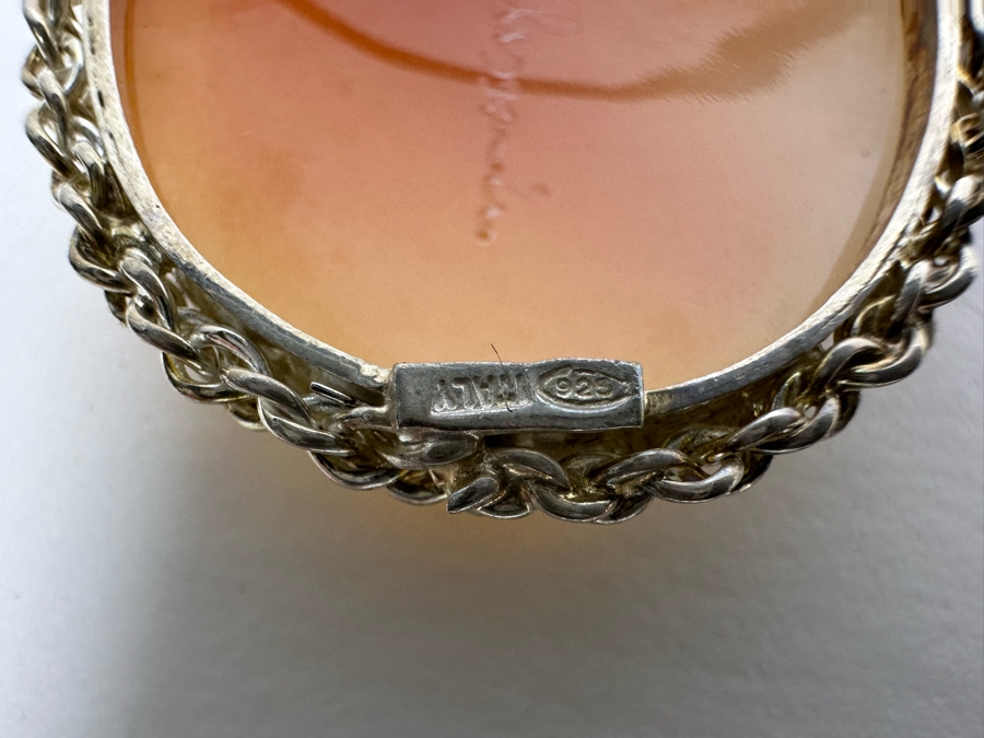 Vintage Sterling Silver Carved Shell Cameo Signed Brooch Pin Pendant Italy 14.2g [Photo 9]