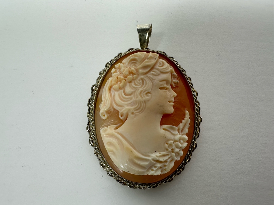 Vintage Sterling Silver Carved Shell Cameo Signed Brooch Pin Pendant Italy 14.2g [Photo 4]
