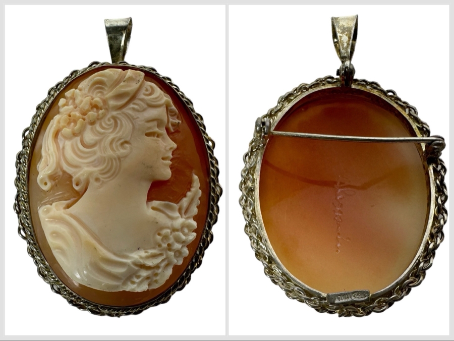 Vintage Sterling Silver Carved Shell Cameo Signed Brooch Pin Pendant Italy 14.2g