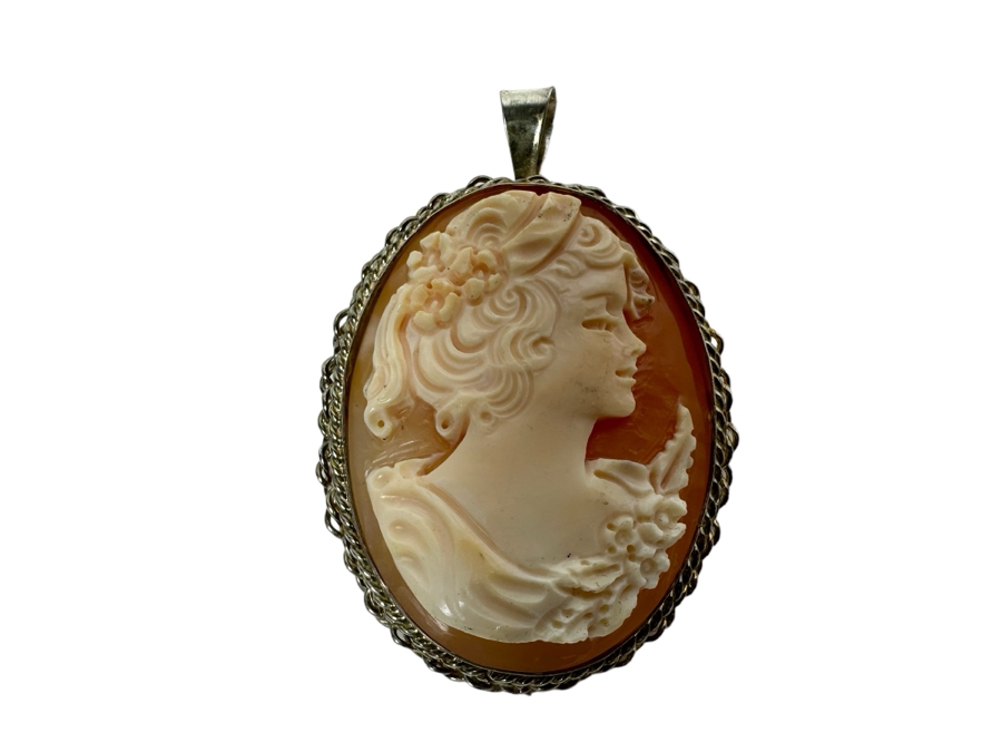 Vintage Sterling Silver Carved Shell Cameo Signed Brooch Pin Pendant Italy 14.2g [Photo 2]