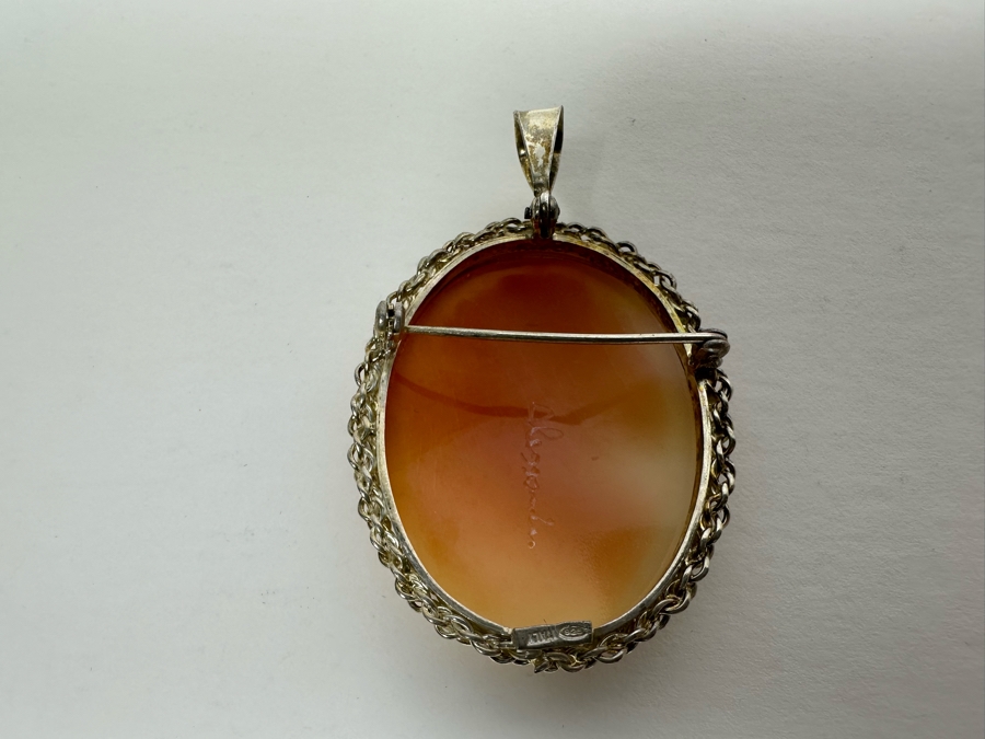 Vintage Sterling Silver Carved Shell Cameo Signed Brooch Pin Pendant Italy 14.2g [Photo 8]
