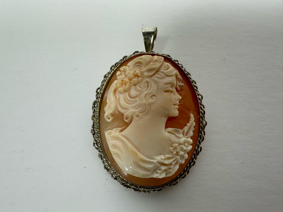 Vintage Sterling Silver Carved Shell Cameo Signed Brooch Pin Pendant Italy 14.2g [Photo 5]
