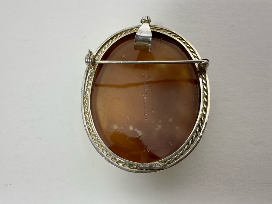 Vintage Sterling Silver Carved Shell Cameo Signed Brooch Pin Pendant Italy 11.2g [Photo 7]