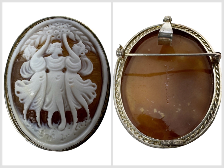 Vintage Sterling Silver Carved Shell Cameo Signed Brooch Pin Pendant Italy 11.2g [Photo 1]