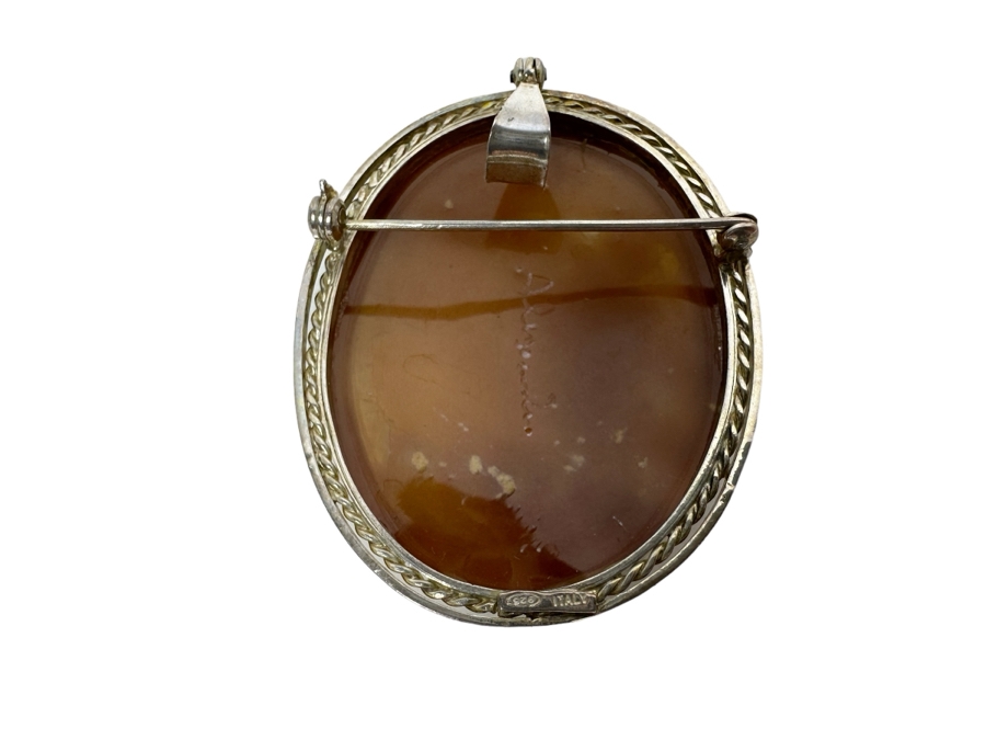 Vintage Sterling Silver Carved Shell Cameo Signed Brooch Pin Pendant Italy 11.2g [Photo 3]