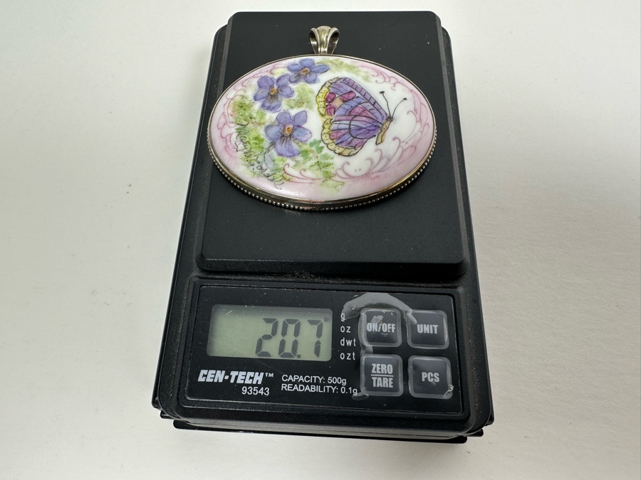 Hand Painted Porcelain Sterling Silver Pendant Butterfly By Mary Belle Cordell 20.7g Retails $500 [Photo 8]
