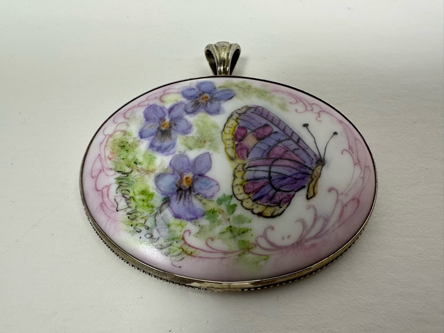 Hand Painted Porcelain Sterling Silver Pendant Butterfly By Mary Belle Cordell 20.7g Retails $500 [Photo 3]