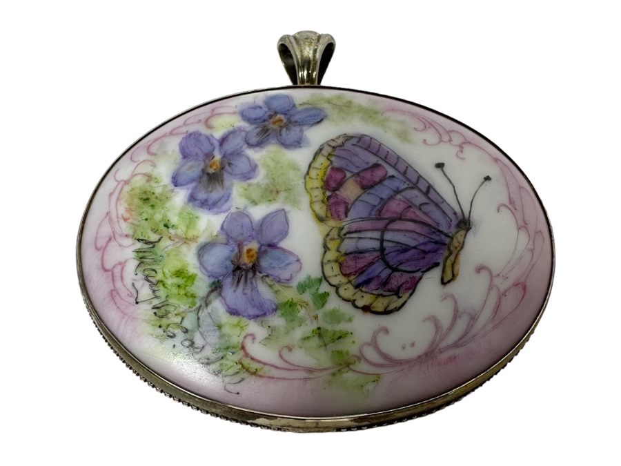 Hand Painted Porcelain Sterling Silver Pendant Butterfly By Mary Belle Cordell 20.7g Retails $500 [Photo 1]