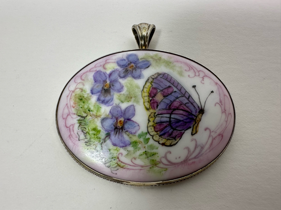 Hand Painted Porcelain Sterling Silver Pendant Butterfly By Mary Belle Cordell 20.7g Retails $500 [Photo 2]