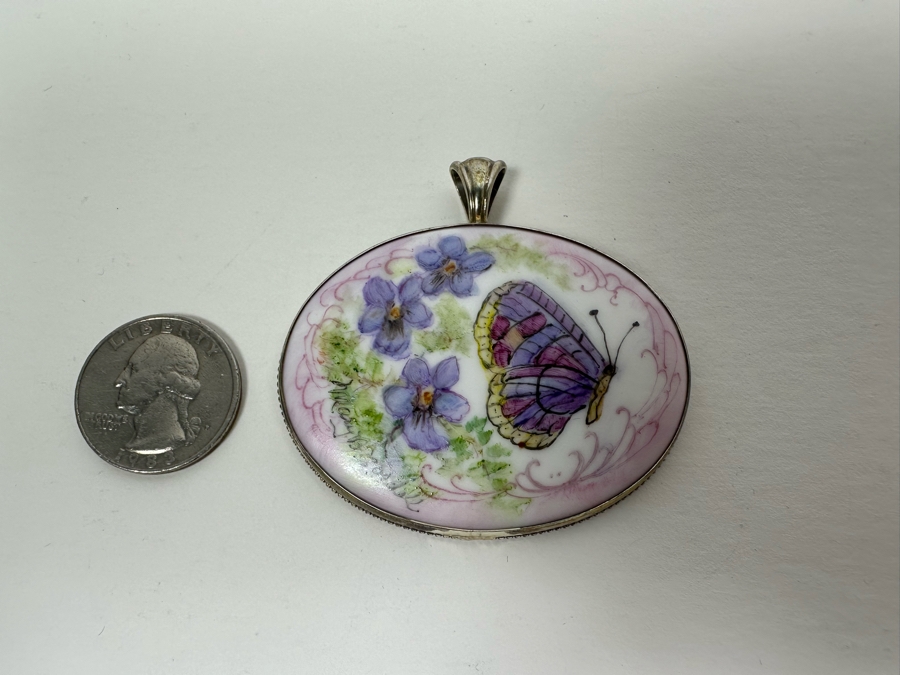 Hand Painted Porcelain Sterling Silver Pendant Butterfly By Mary Belle Cordell 20.7g Retails $500 [Photo 7]