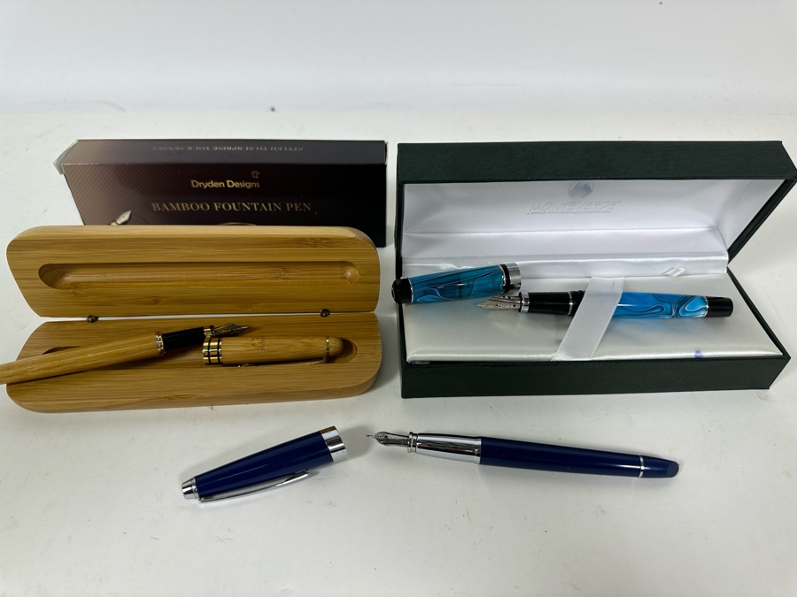 Three Fountain Pens: Monte Verde Fountain Pen With Box, Dryden Designs Bamboo Fountain Pen With Box & Cross Fountain Pen [Photo 3]