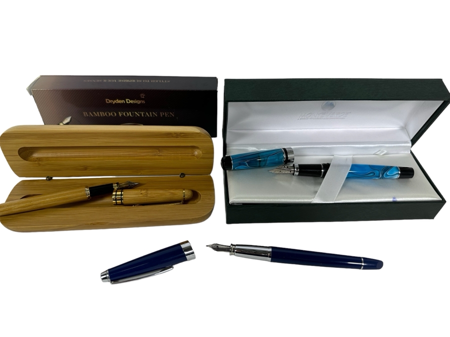 Three Fountain Pens: Monte Verde Fountain Pen With Box, Dryden Designs Bamboo Fountain Pen With Box & Cross Fountain Pen