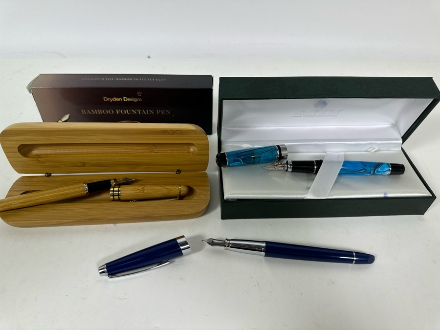 Three Fountain Pens: Monte Verde Fountain Pen With Box, Dryden Designs Bamboo Fountain Pen With Box & Cross Fountain Pen [Photo 2]