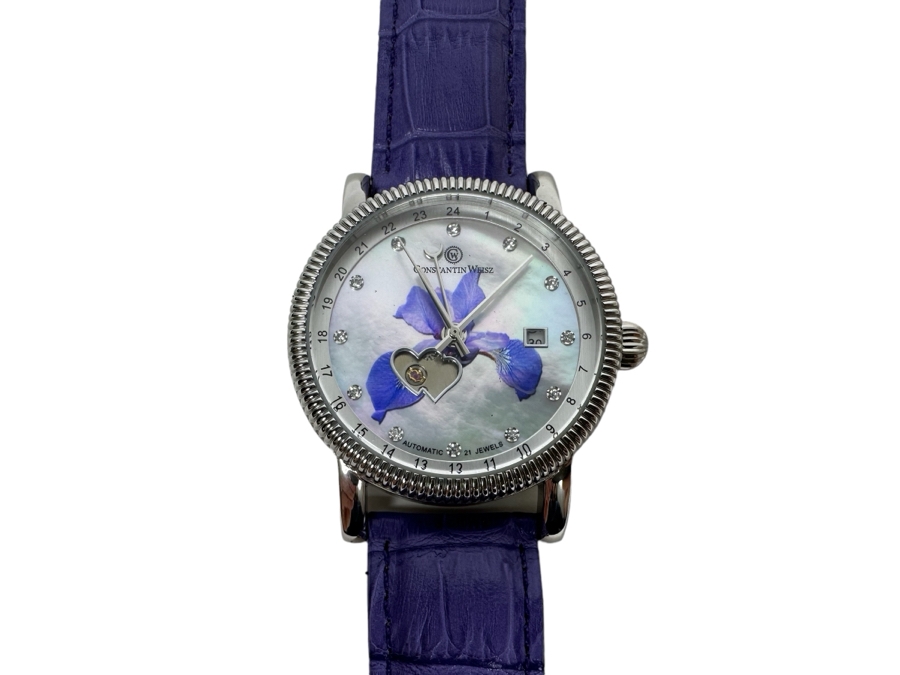 Women's Constantin Weisz Flower Purple Automatic 21 Jewels Wristwatch TY2846CW Appears New [Photo 15]