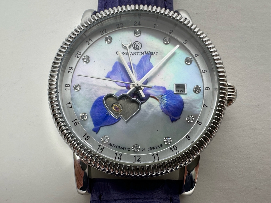 Women's Constantin Weisz Flower Purple Automatic 21 Jewels Wristwatch TY2846CW Appears New [Photo 4]