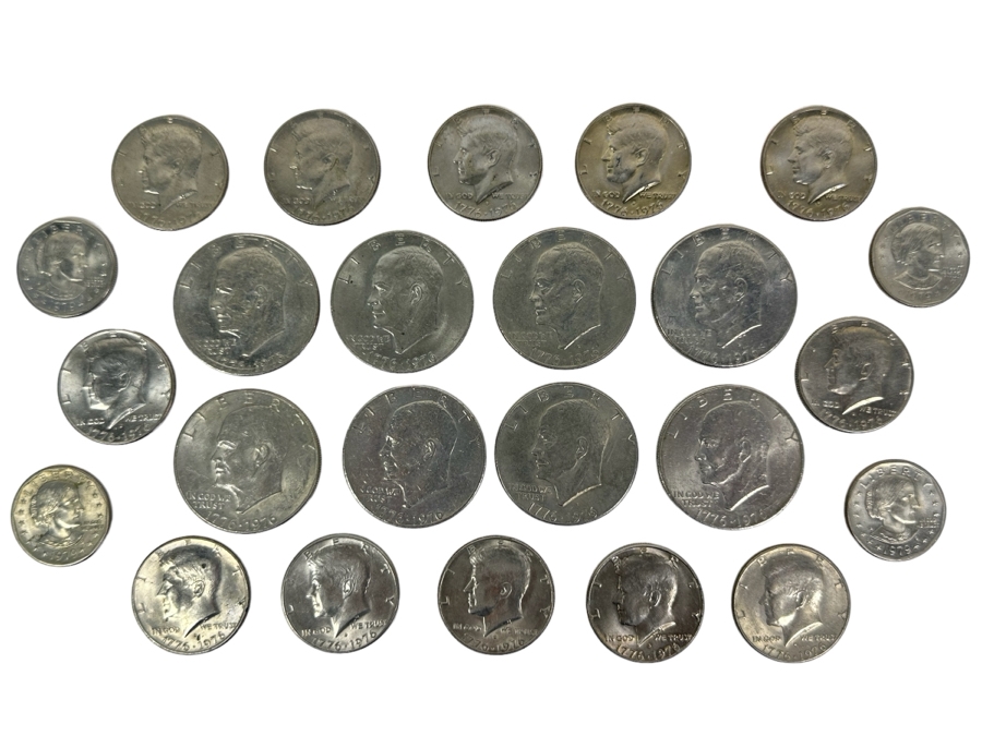 Coin Collection Featuring (8) Eisenhower One Dollar Coins, (12) Kennedy Half Dollars And (4) Susan B. Anthony Dollars