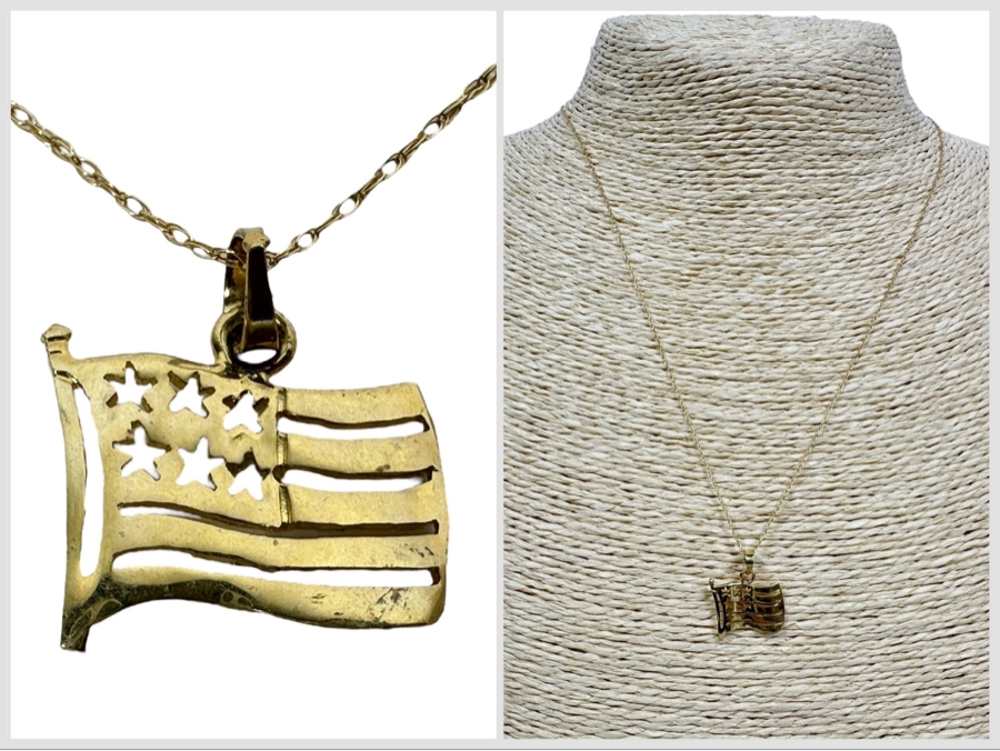 14K Gold U.S. Flag Pendant With 14K Gold 18' Necklace 1.7g