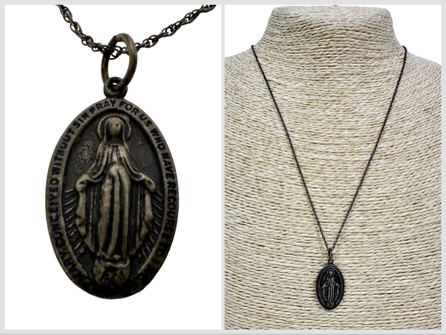Sterling Silver Saint Virgin Mary Pendant With Sterling Silver 20' Necklace 6.2g [Photo 1]