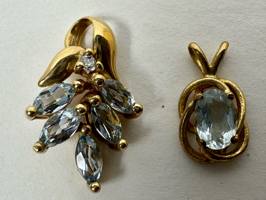 Pair Of 14K Gold Pendants With Light Blue Stones 2.2g [Photo 2]