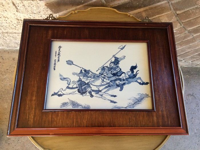 Beautiful Chinese Porcelain Blue and White Painted Tile Depicting a Battle/Fight Scene