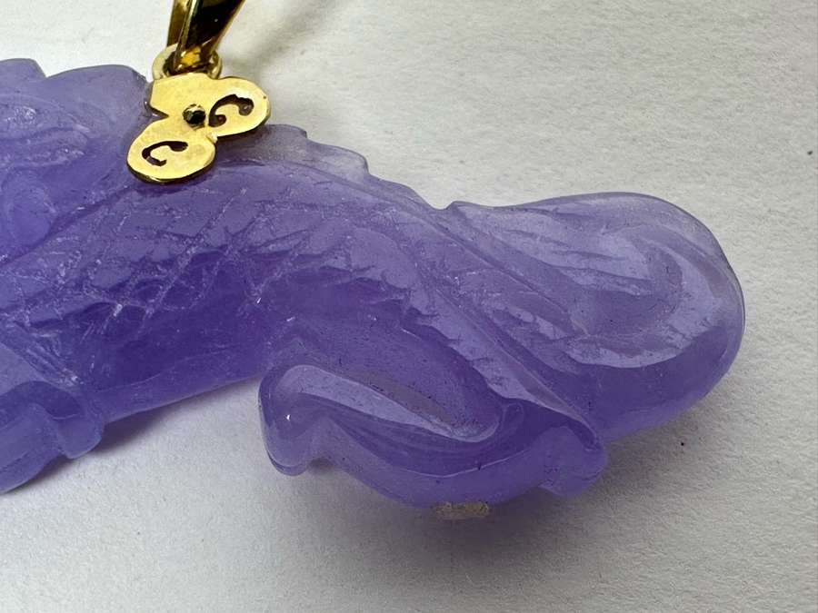 14K Gold Carved Lavender Jade Dragon Pendant 5.3g [Photo 11]