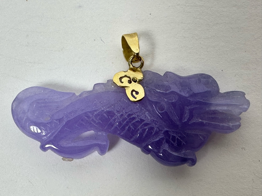 14K Gold Carved Lavender Jade Dragon Pendant 5.3g [Photo 2]