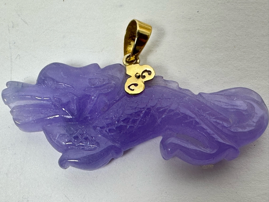 14K Gold Carved Lavender Jade Dragon Pendant 5.3g [Photo 9]