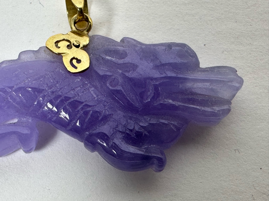 14K Gold Carved Lavender Jade Dragon Pendant 5.3g [Photo 5]