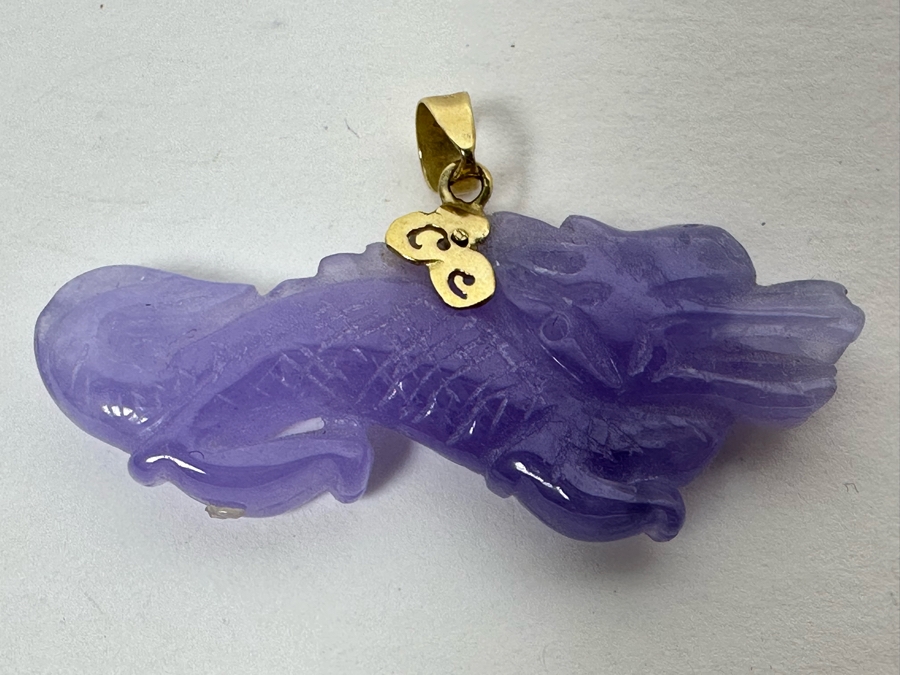 14K Gold Carved Lavender Jade Dragon Pendant 5.3g [Photo 4]