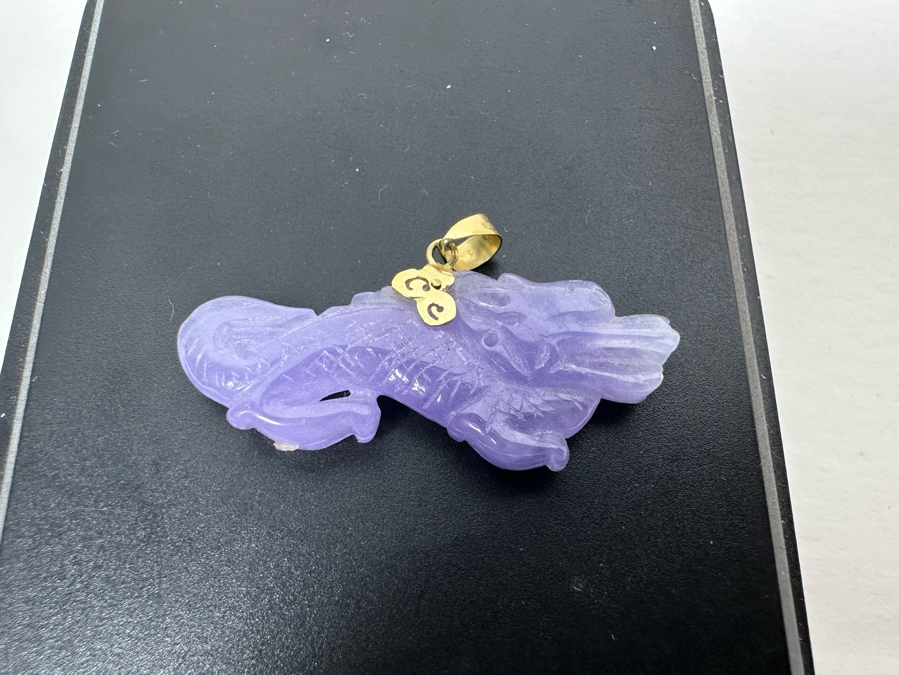 14K Gold Carved Lavender Jade Dragon Pendant 5.3g [Photo 16]