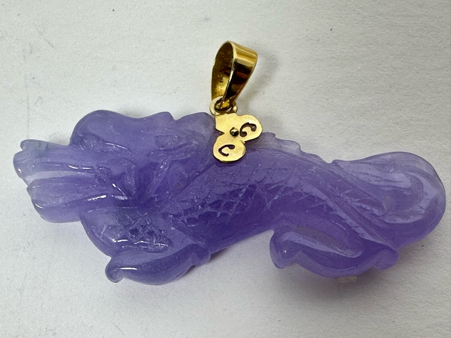 14K Gold Carved Lavender Jade Dragon Pendant 5.3g [Photo 8]