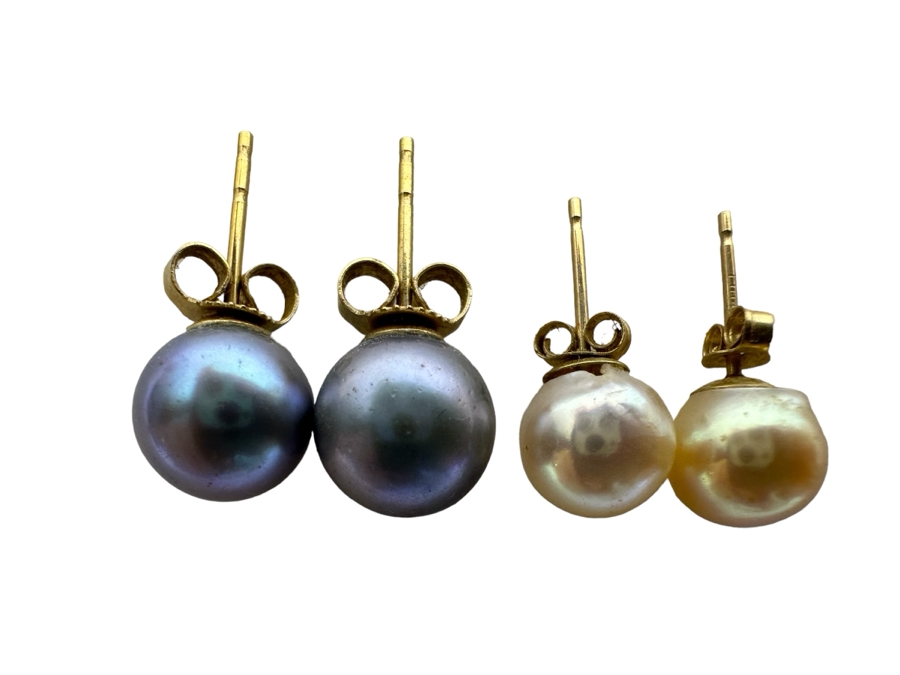 Two Pairs Of 14K Gold Pearl Earrings